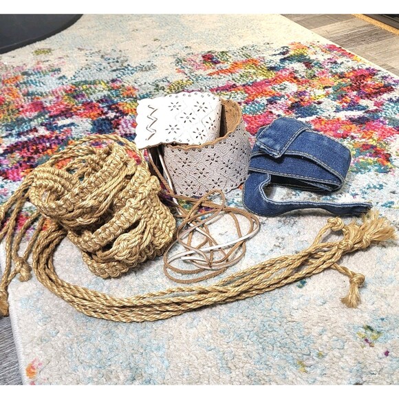 Trio of Boho Tie Back Belts White Cutout Studded Leather, Macrame and Denim main image 14